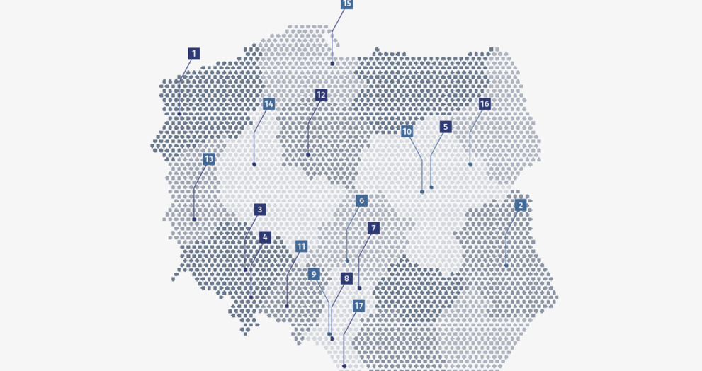 Mapa Polski z zaznaczonymi inwestycjami