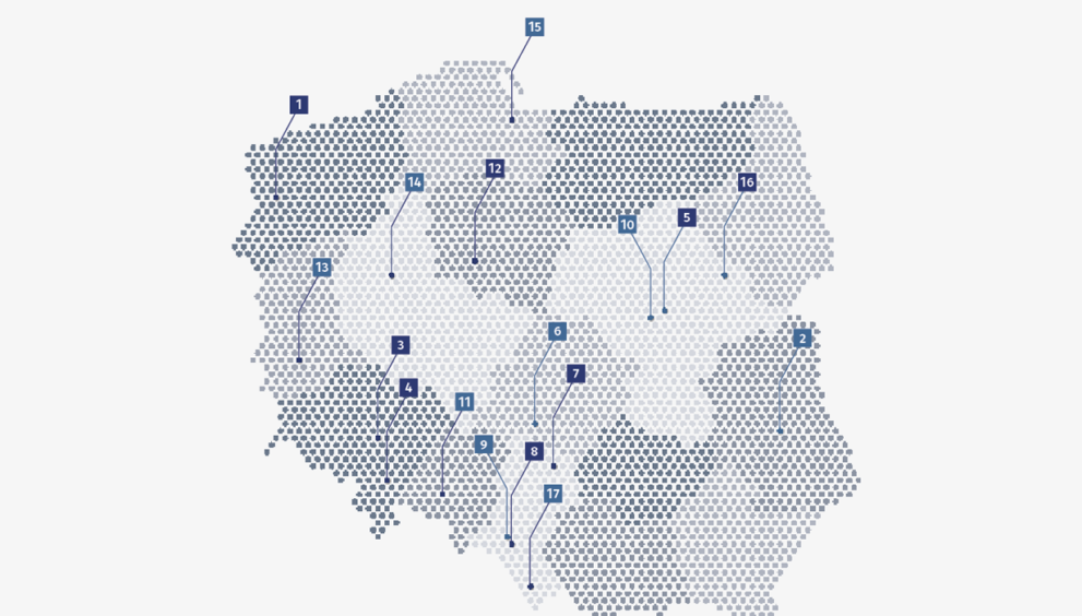 Mapa Polski z zaznaczonymi inwestycjami