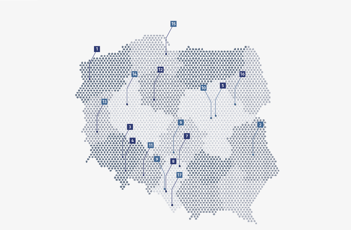 Mapa Polski z zaznaczonymi inwestycjami