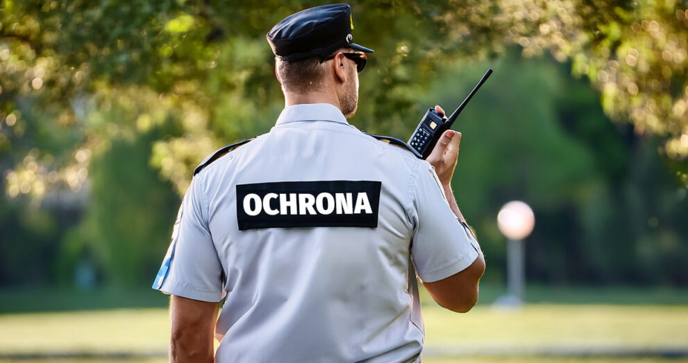 Pracownik ochrony pilnuje porządku w parku